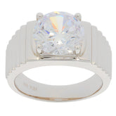 Round white Moissanite sterling silver ring with a sparkling gemstone in elegant design.